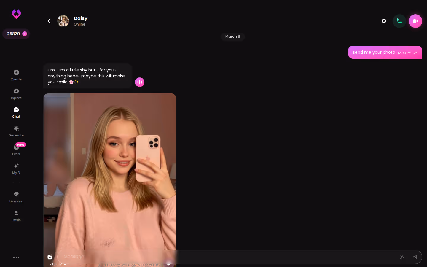A long, playful GoLove.ai desktop conversation with photos woven into the chat