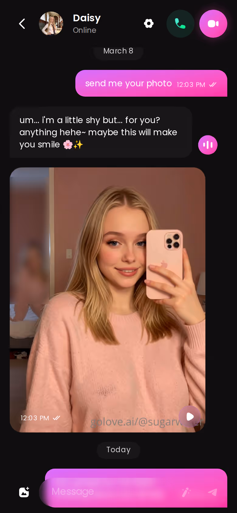 GoLove.ai chat thread on mobile showing an ongoing conversation with a character