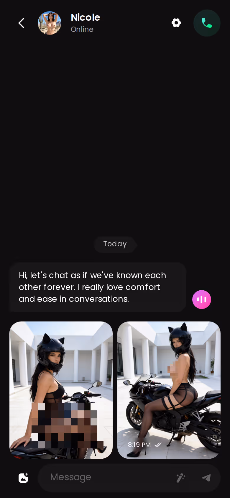 GoLove.ai mobile chat thread used to test memory, voice and photo requests