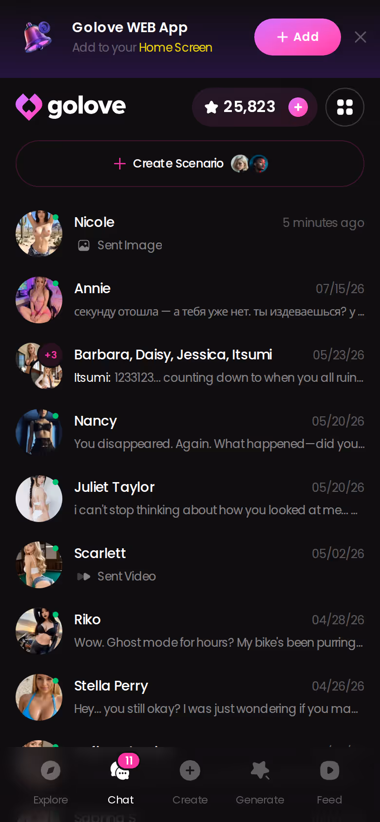 GoLove.ai chats list on mobile with last-message previews for several ongoing characters