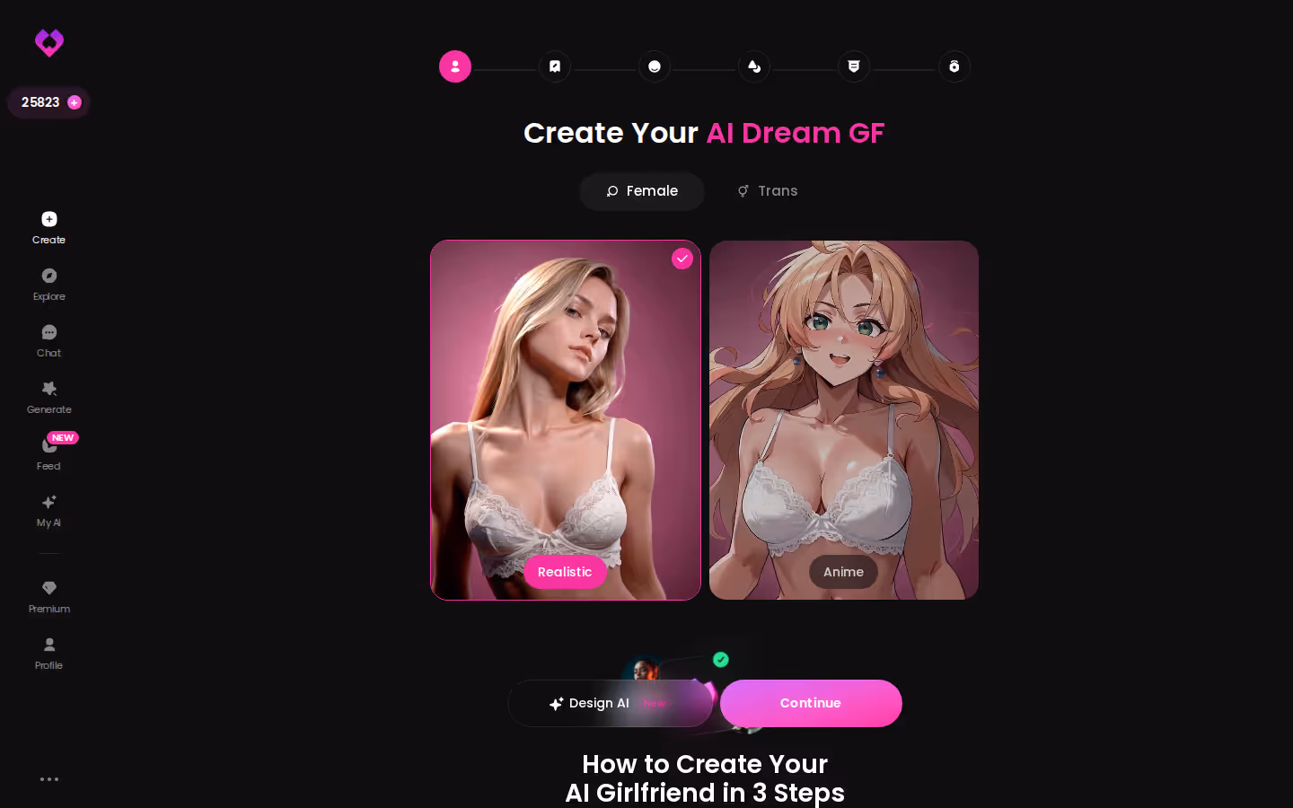 GoLove.ai Create wizard with Female/Trans toggle, Realistic vs Anime and Design with AI