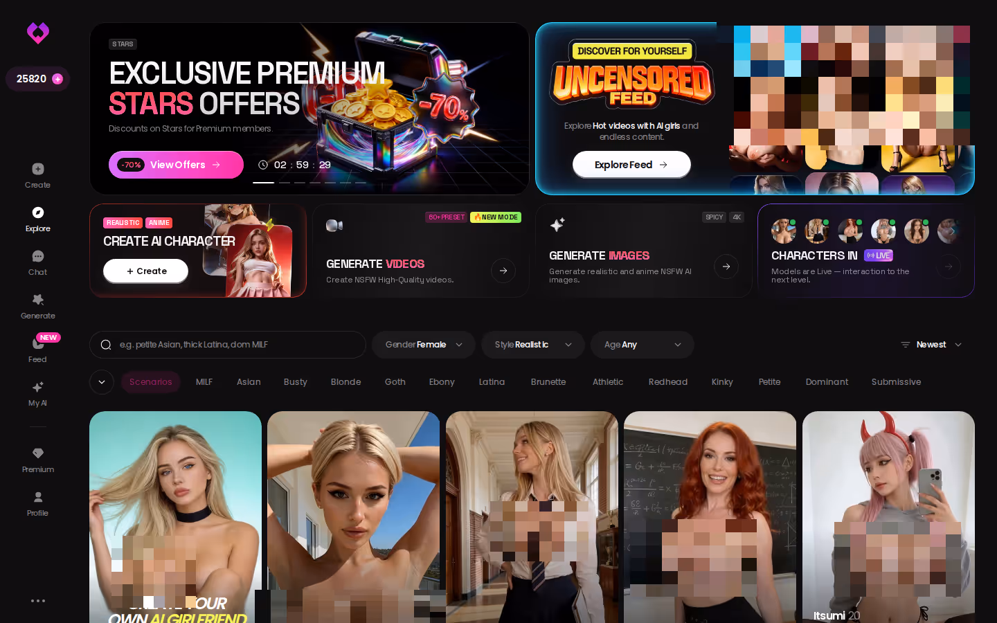 GoLove.ai Explore grid of realistic characters with tag chips for filtering
