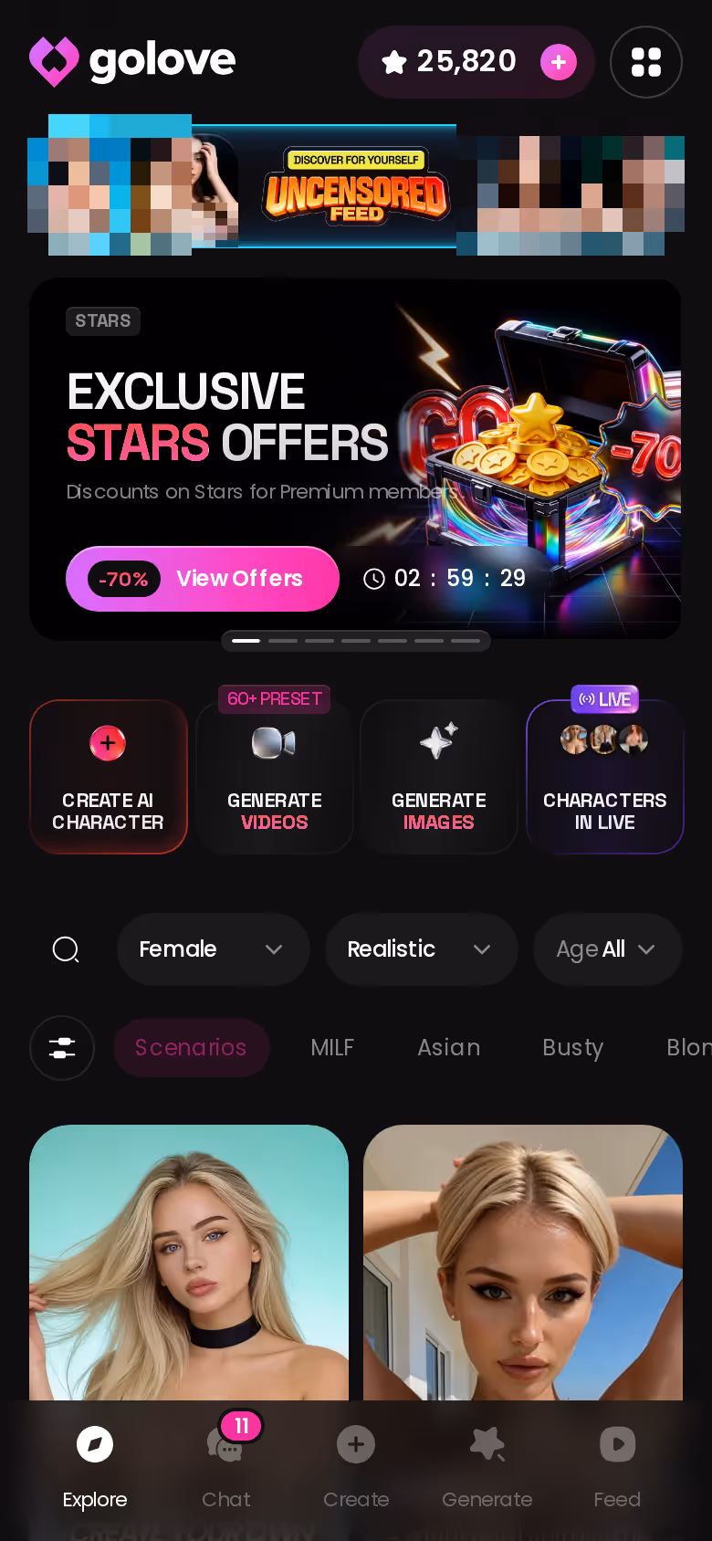 GoLove.ai Explore screen on mobile with realistic AI characters