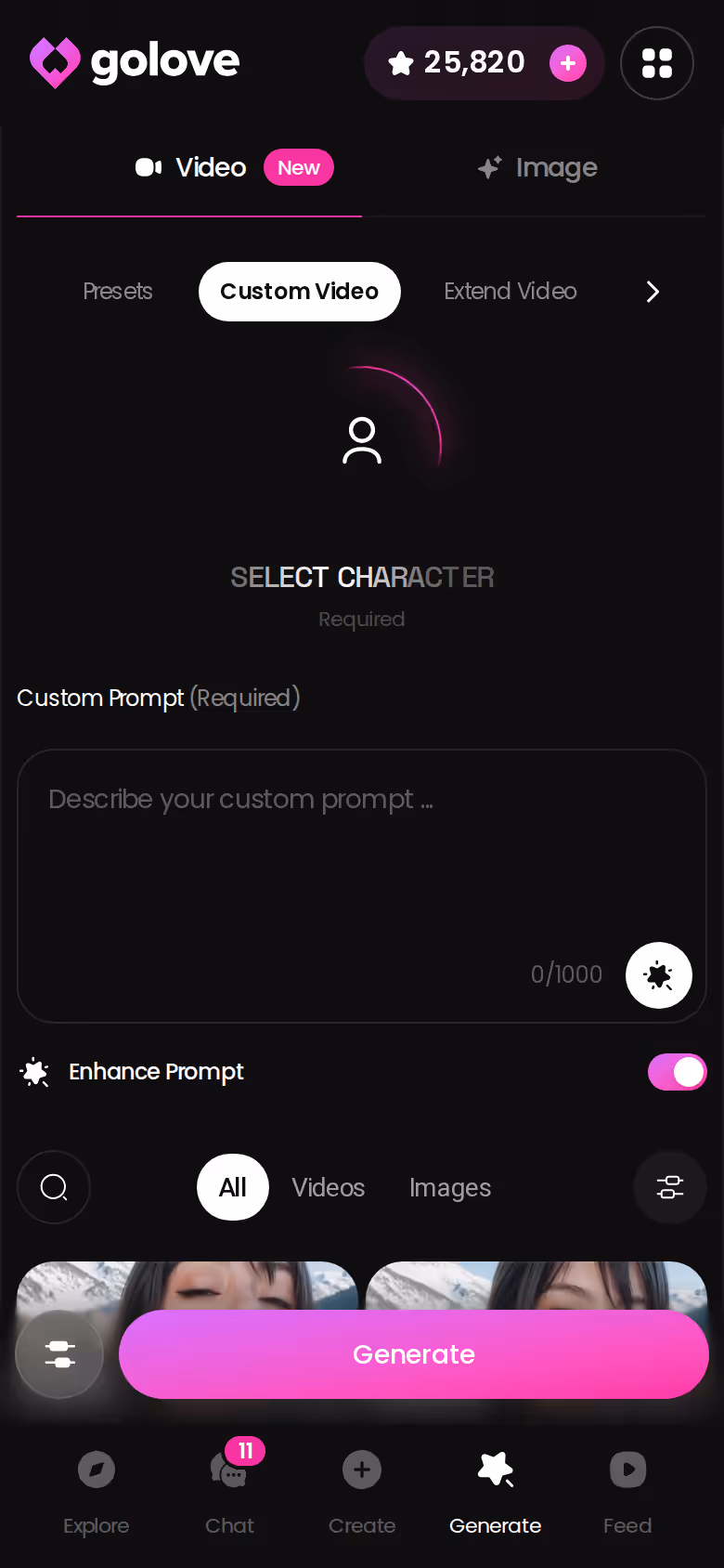 GoLove.ai mobile video generator with action, clothes and background preset cards for a custom character