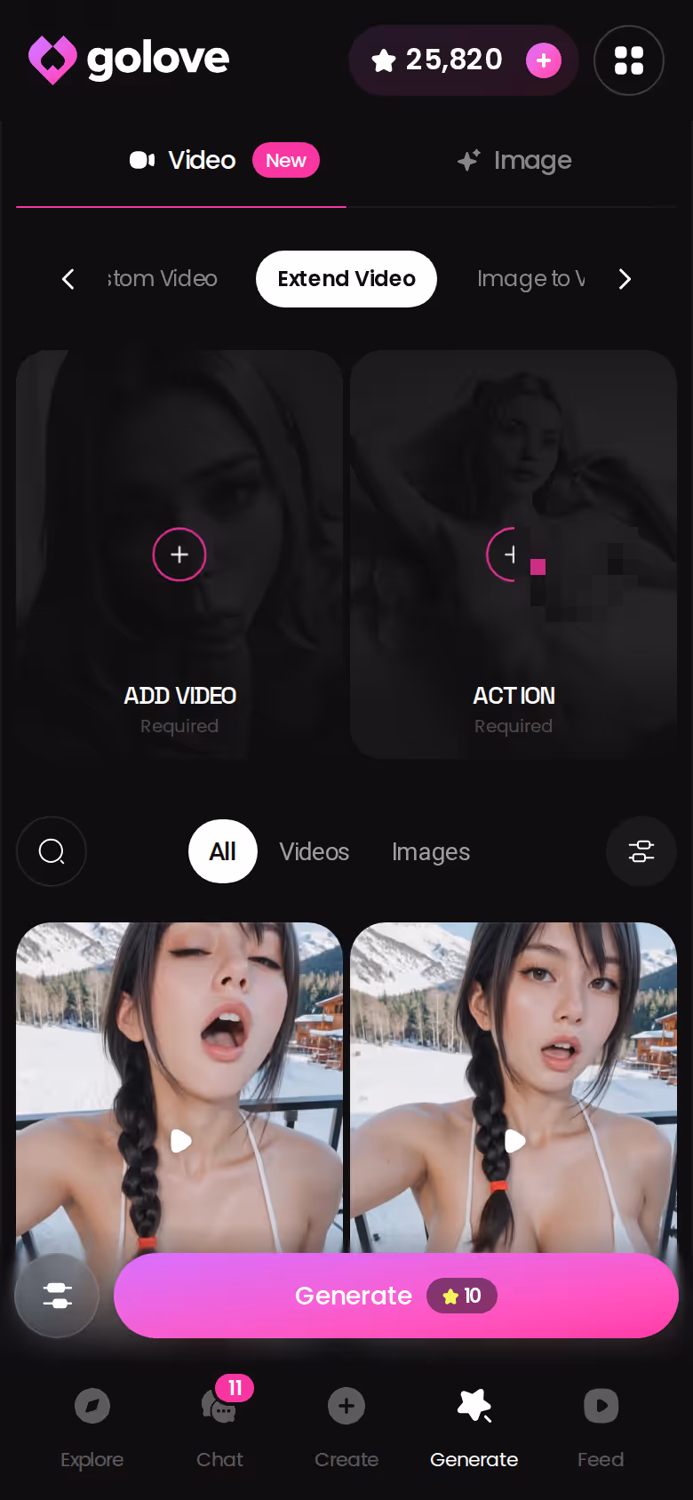 GoLove.ai extend-video flow on mobile, a paid-tier generation feature