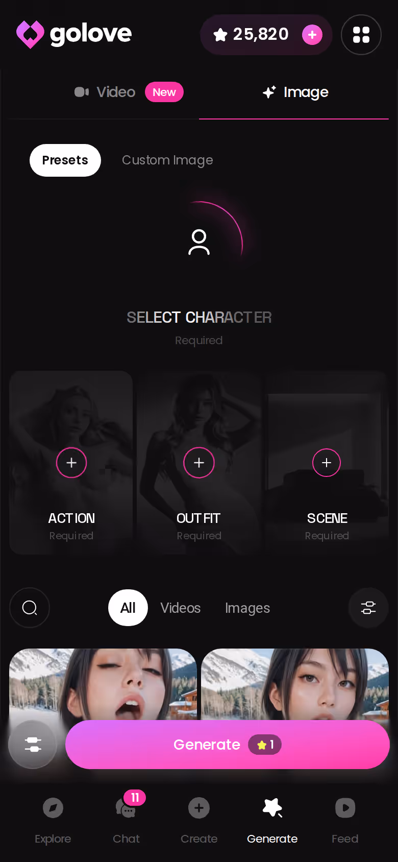 GoLove's image generator on mobile with a character locked at the top and preset cards below